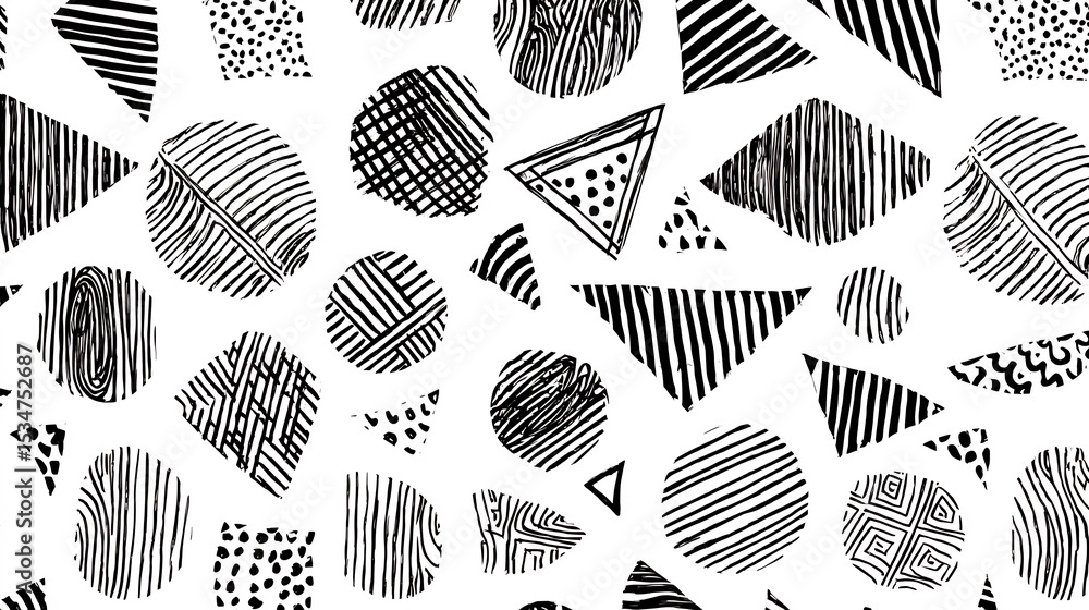 Poster monochrome geometric abstract seamless pattern with hand-drawn shapes and textures