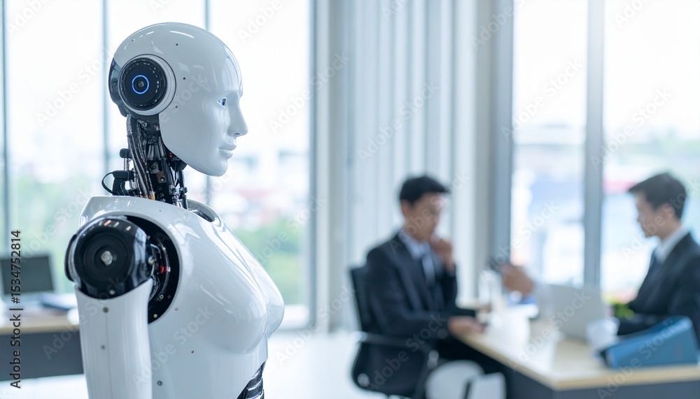 Poster a futuristic robot observing two people in suits in an office setting, blending artificial intellige