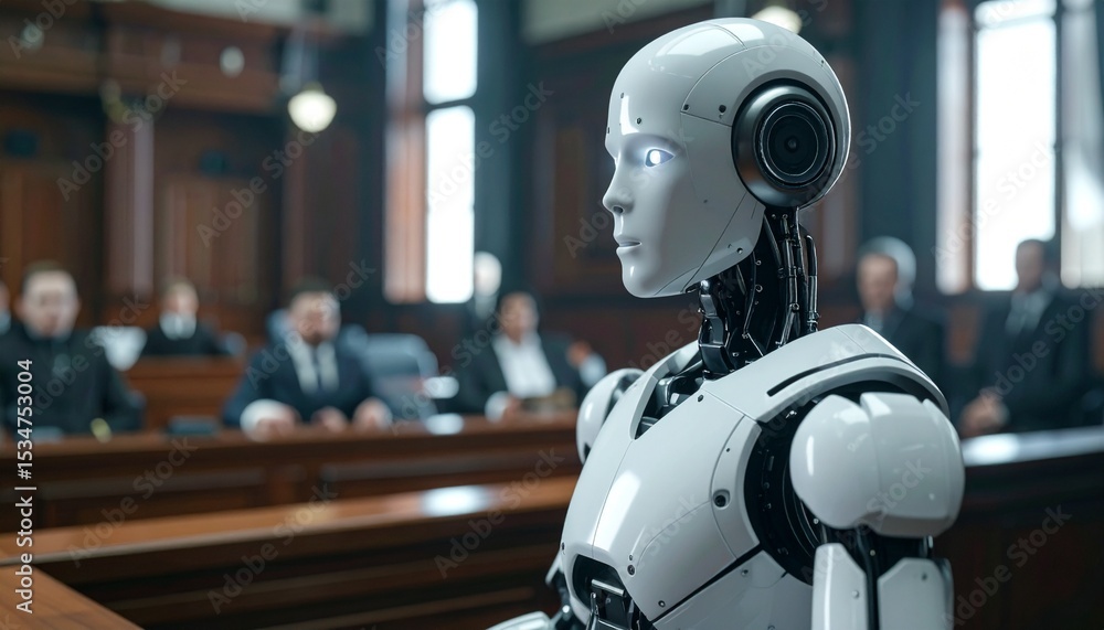 Poster an ai robot observing in the courtroom setting. the ai robot observing the court cases. the ai robot