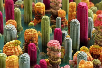 Vibrant Micro-Cityscape of Cylindrical Organic Towers in Candy-Like Textures Resembling Coral or Abstract Architecture in a Surreal Fantasy Landscape of Rich Color and Form