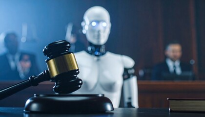 Obraz premium A futuristic courtroom scene with a robot judge and a gavel in the foreground. The robot is positioned centrally, with blurred figures of lawyers or jury members in the background.