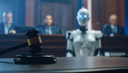 A courtroom with a robotic judge and a gavel on the table. The scene depicts a modern justice system. 