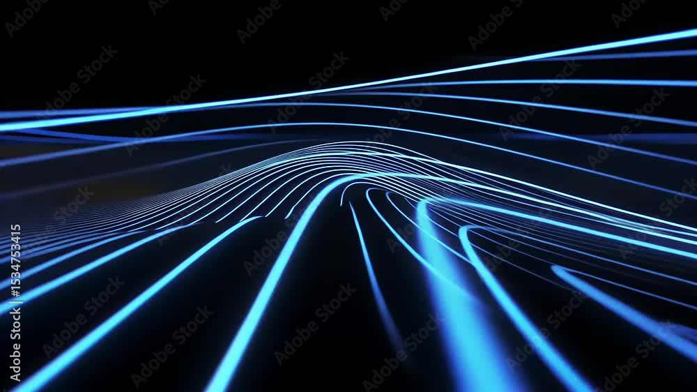 Poster abstract flowing lines of blue light create a dynamic wave pattern on a dark background