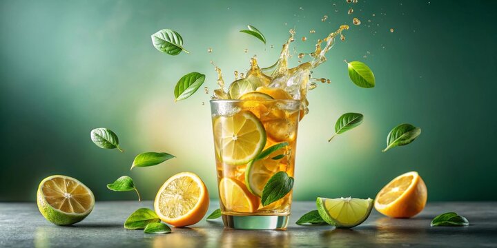 Refreshing Iced Tea with Citrus and Mint Leaves Splashing into Glass