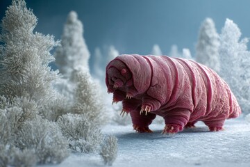 Pink Tardigrade Roaming a Frozen Microforest of Crystalline Structures in a Miniature Arctic Wonderland, Depicting Extremophile Survival in a Stylized Microscopic Winter World
