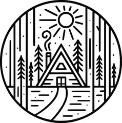 Modern forest cabin line art illustration in black and white featuring an A-frame house in pine trees with circular border design perfect for wall art posters t-shirts branding and digital products