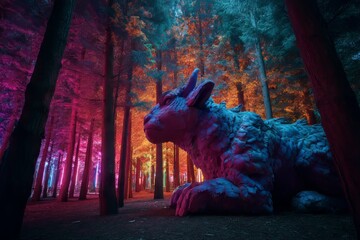 Colossal Stone Rabbit Resting in a Dreamlike Forest with Neon Light Filtering Through Tall Trees in a Surreal Night Scene Filled with Ambient Glow and Magical Atmosphere