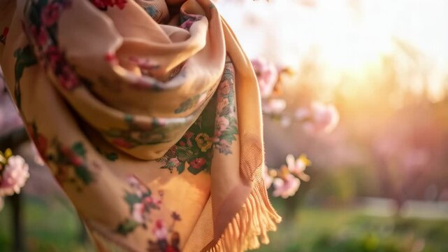 Beige scarf with floral pattern draped over blooming cherry tree branch in sunlight, springtime outdoor fashion accessory, elegant soft fabric