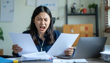 A woman is in a state of distress and anger as she reviews some papers