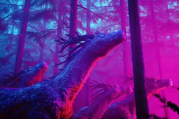 Bioluminescent Dinosaurs Roaming a Neon-Lit Enchanted Forest Bathed in Electric Pink and Blue Light, Blending Prehistoric Majesty with Futuristic Fantasy in a Mystical Night Realm