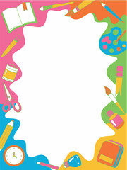 Colorful back to school art supplies frame border design template kid fun pens book ruler clock happy paper paints bright