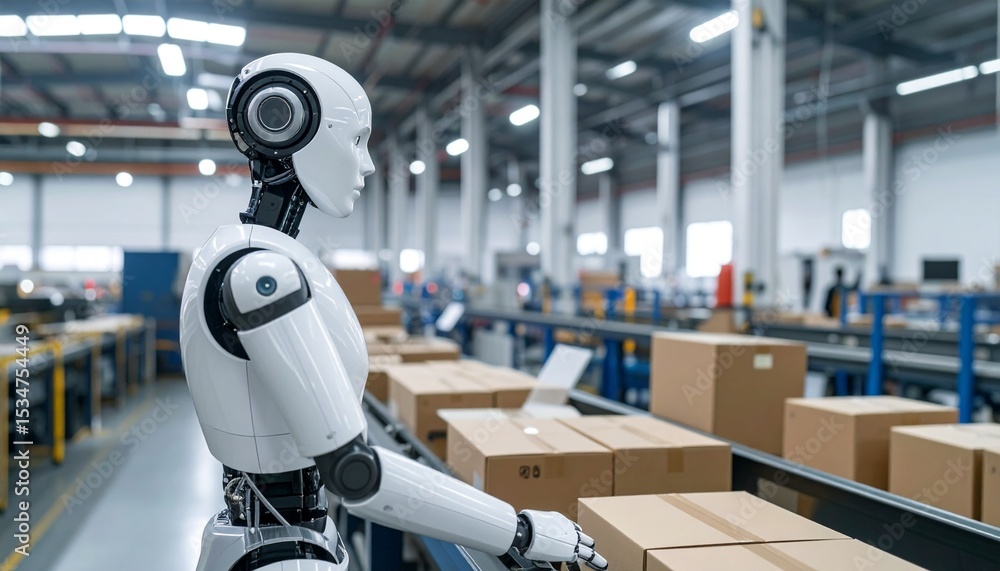 Poster a futuristic robot working in a factory