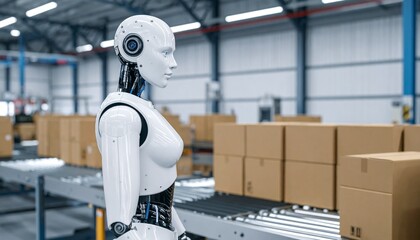 A robot efficiently managing logistics in a warehouse, showcasing technology in industry. The robot is standing next to the conveyor belt with a lot of boxes