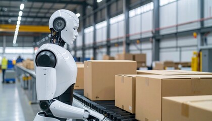 A white robot working in a warehouse, sorting packages on a conveyor belt. The robot is humanoid in design and appears to be meticulously handling boxes.  