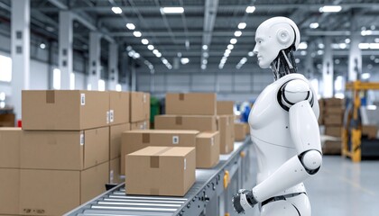 A robot working diligently in a modern warehouse, surrounded by packages. The robot stands next to a conveyor belt filled with packages