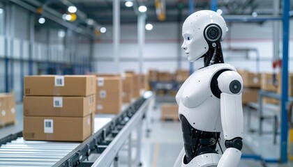 An AI robot inspects packages on a conveyor belt in a warehouse setting, symbolizing automation