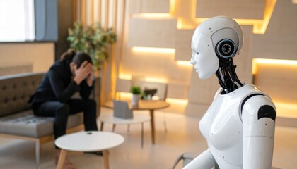 A futuristic scene showing human emotion and AI companionship. A robot observes a human in a state of distress