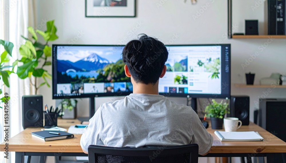 Aufkleber a person working at a desk in a modern office. a person looks at two computer monitors and they are 