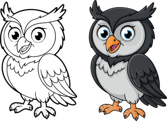 Adorable cartoon owl illustration with silhouette grey white bird animal design graphic kid cute icon logo baby book eyes