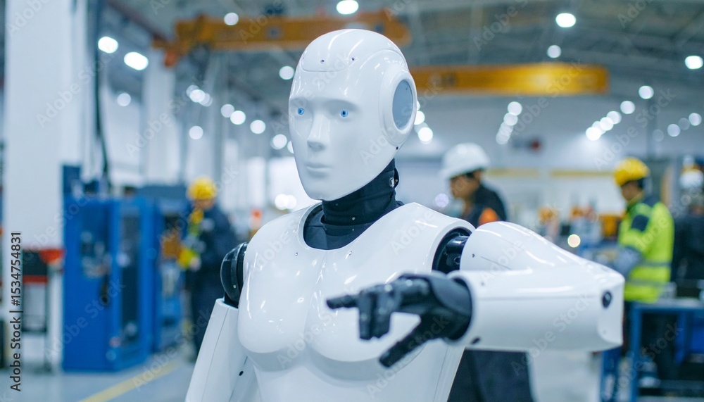 Poster an advanced robot with modern production environment background, highlights robotics, artificial int