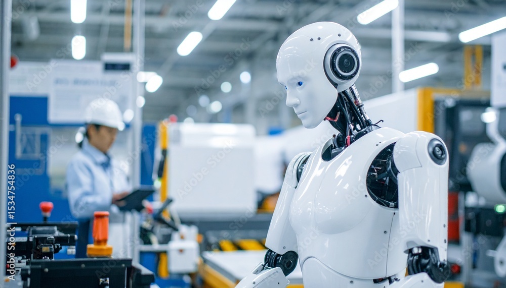 Poster a futuristic robot stands in a factory setting with a worker in the background, symbolizing innovati