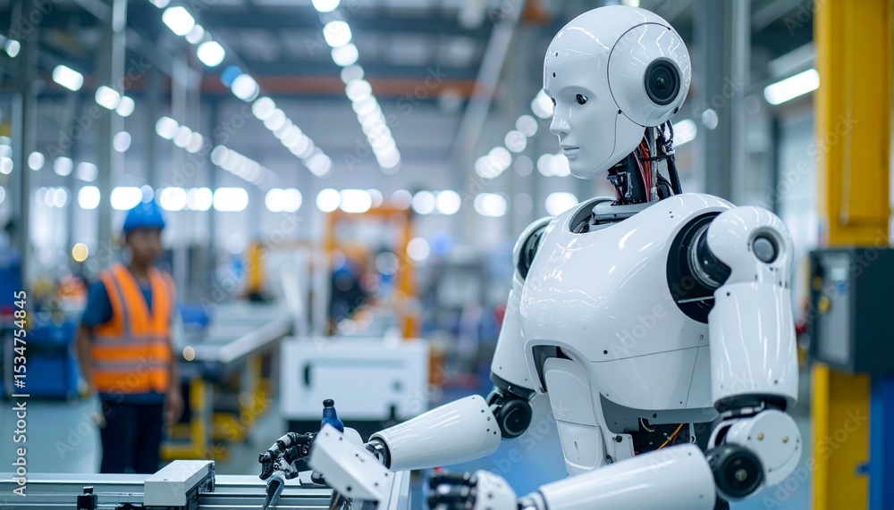Poster a robot operating machinery in a modern factory setting