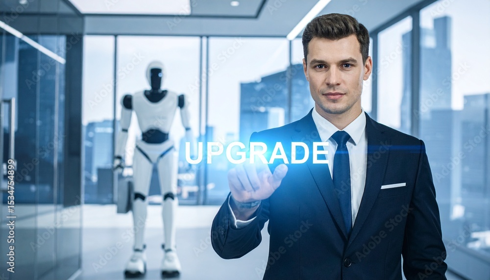 Poster a businessman upgrading technology with the robot at the background
