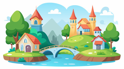 Whimsical Village Scene with Castle Towers Orange Roof Houses Green Hills and Blue River on White Background