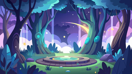 Enchanted Grove Night Scene Glowing Trees Circular Pool Fantasy Forest enchanted forest magical forest