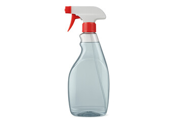 Cleaning spray bottle containing light blue liquid, positioned against transparent backdrop for mockup and design project use