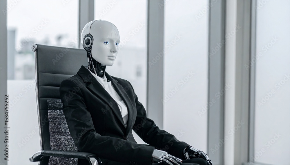 Aufkleber a realistic android or robot is sitting on a chair in a modern office setting