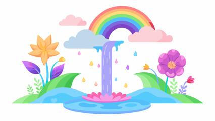 Pastel Rainbow Waterfall Flowing into Pink Lotus Flower Surrounded by Colorful Flowers and Green Leaves on White Background
