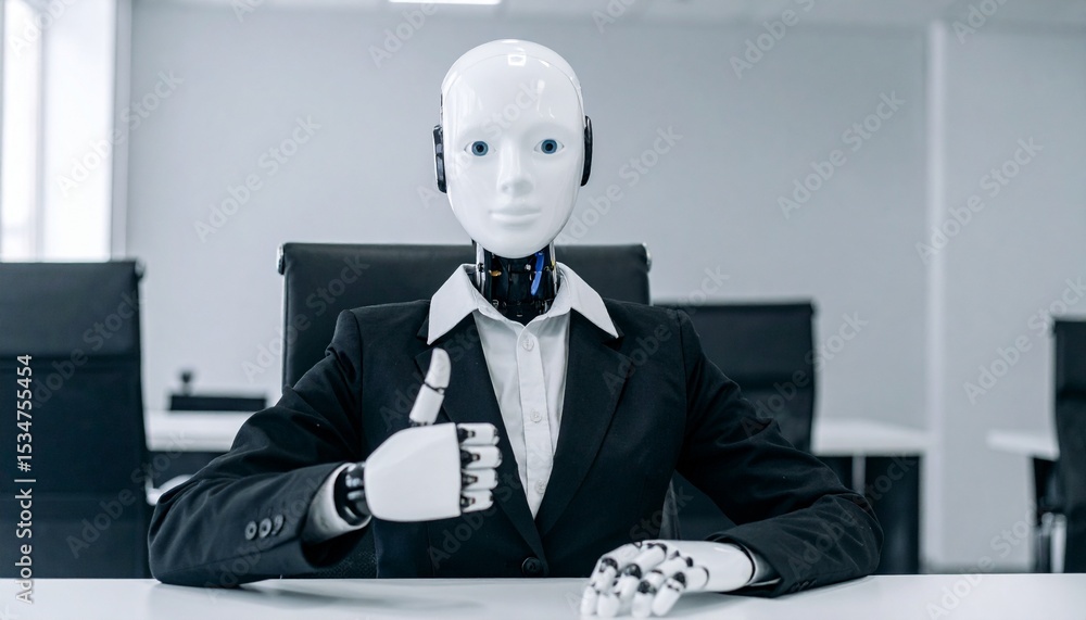 Poster an artificial intelligence robot is sitting at a table with a serious expression and wearing a suit