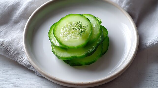 Sliced Cucumber with Dill on a White Plate