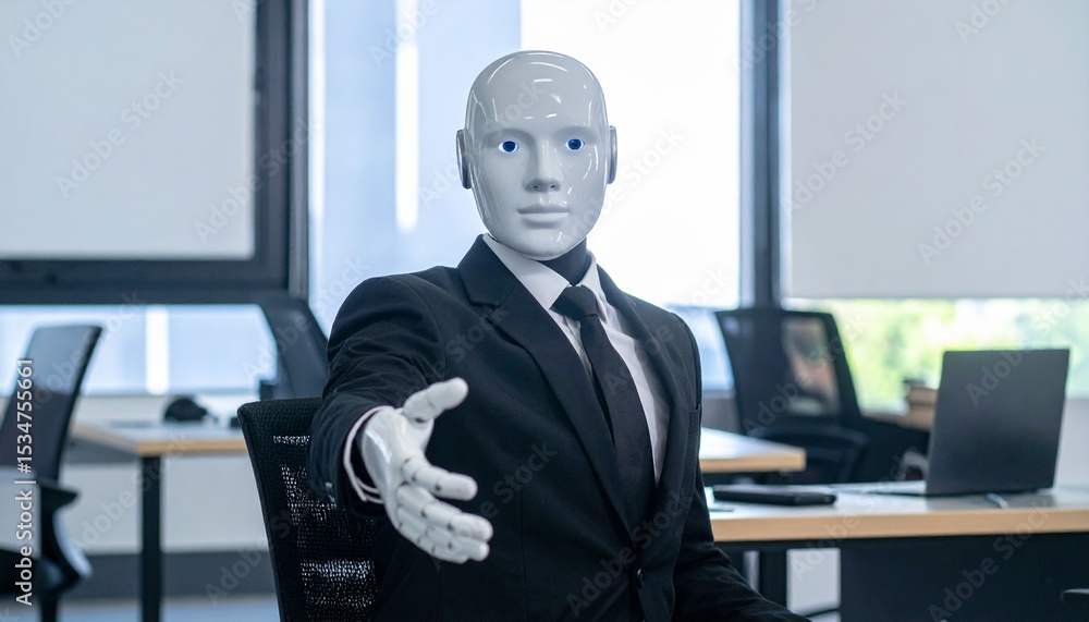 Poster a business robot with a handshake gesture in office environment. the robot has a suit and tie and it