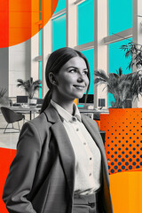 Professional business woman stands smiling in an office filled with plants and colorful decor, showcasing a blend of modern architecture and creativity. Retro paper collage design - Generative AI.