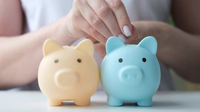Woman putting coins into two piggy banks in turn to diversify portfolio. Retirement, savings for pension, finance accounting diversification. Saving money, investments diversity concept