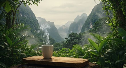 A cinematic jungle scene featuring a white coffee cup with steam rising, placed on a wooden slab amid tropical greenery, mountain peaks in the distance, and floating jungle mist.
