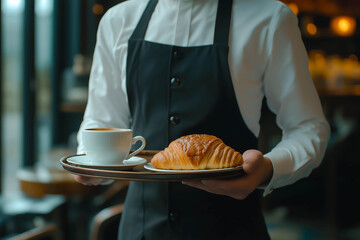 Unrecognizable waiter holding a tray with coffee and croissant.