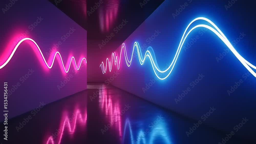 Poster vibrant neon waves illuminate a modern corridor, creating a dynamic atmosphere for creative spaces