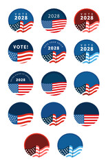 Vector set of vote democrat republican badge button banner pin. United States of America presidential election day 2028. Collection of American style, color, design. Donkey elephant political party.