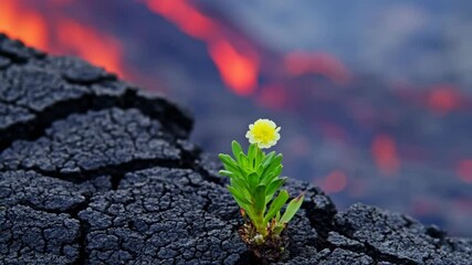 Lone yellow flower blooms resiliently on volcanic rock with blurred lava flow visible in background; nature's powerful contrast. - Powered by Adobe