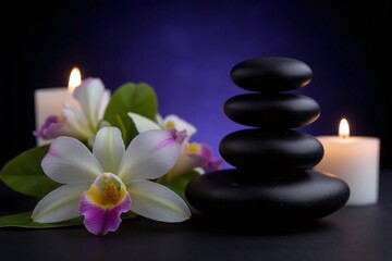 stack of pebbles and two candles on a table with orchids