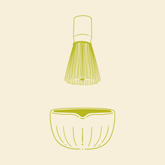 Matcha tea illustration set. Original hand-drawn green tea illustrations featuring matcha brewing utensils, a bamboo matcha whisk, and a Japanese matcha green tea brewing brush for posters, cards, caf