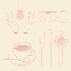 Matcha tea illustration set. Original hand-drawn green tea illustrations featuring matcha brewing utensils, a bamboo matcha whisk, and a Japanese matcha green tea brewing brush for posters, cards, caf