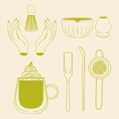 Matcha tea illustration set. Original hand-drawn green tea illustrations featuring matcha brewing utensils, a bamboo matcha whisk, and a Japanese matcha green tea brewing brush for posters, cards, caf