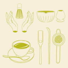 Matcha tea illustration set. Original hand-drawn green tea illustrations featuring matcha brewing utensils, a bamboo matcha whisk, and a Japanese matcha green tea brewing brush for posters, cards, caf