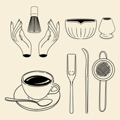 Matcha tea illustration set. Original hand-drawn green tea illustrations featuring matcha brewing utensils, a bamboo matcha whisk, and a Japanese matcha green tea brewing brush for posters, cards