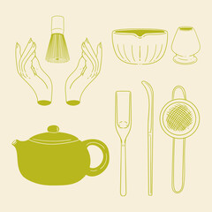 Matcha tea illustration set. Original hand-drawn green tea illustrations featuring matcha brewing utensils, a bamboo matcha whisk, and a Japanese matcha green tea brewing brush for posters, cards
