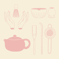 Matcha tea illustration set. Original hand-drawn green tea illustrations featuring matcha brewing utensils, a bamboo matcha whisk, and a Japanese matcha green tea brewing brush for posters, cards, caf